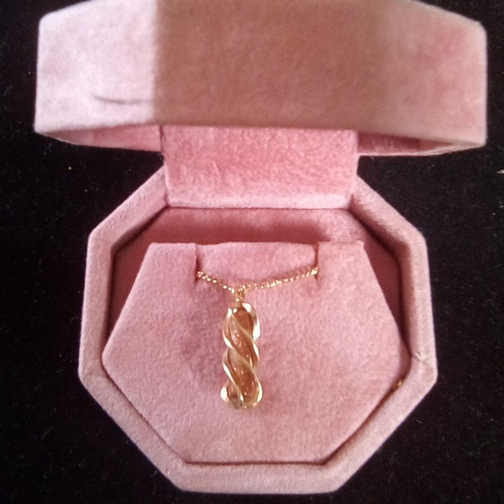 Gold Tone Spiral Cage Goldstone Pendant Necklace Brown Sparkle Link Chain